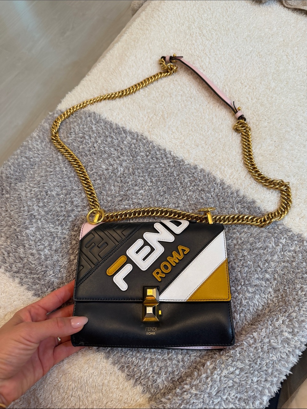 Fendi Black Leather Crossbody Bag with White, Mustard & Pink Accents